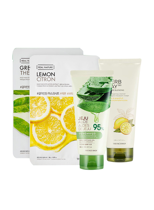 

The Face Shop Jeju Aloe Fresh Soothing Gel + Herb Day 365 Master Blending Facial Foaming Cleanser + Real Nature Lemon Mask Sheet + Real Nature Greente