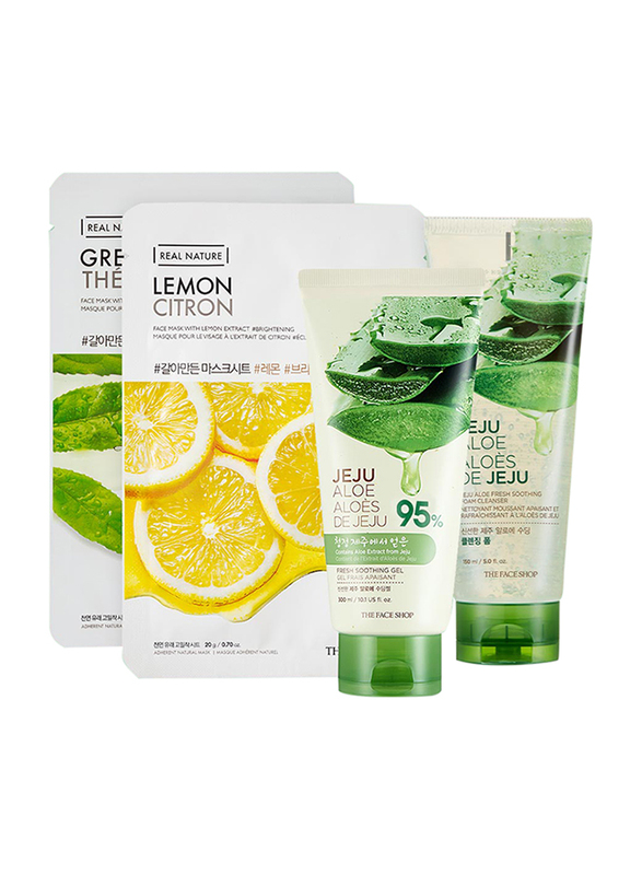 

The Face Shop Jeju Aloe Fresh Soothing Gel + Jeju Aloe Fresh Soothing Foaming Cleanser + Real Nature Lemon Mask Sheet + Real Nature Greentea Mask Shee