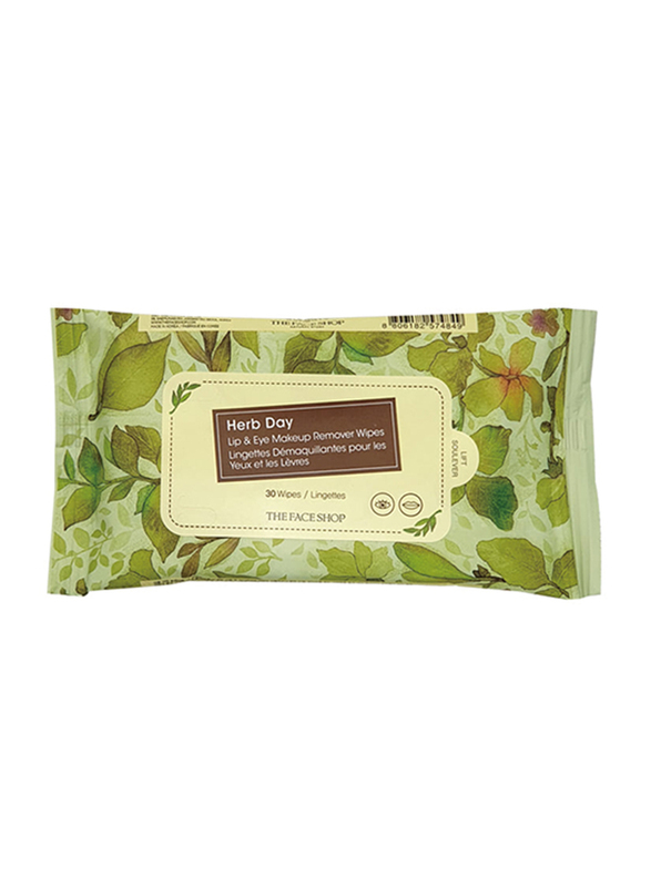 The Face Shop Herb Day Lip & Eye Remover Wipes, 30 Wipes