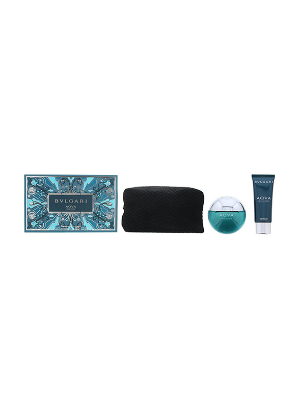 Bvlgari 3-Piece Aqva Pour Homme Gift Set for Men, 100ml EDT, 100ml After Shave Balm, 1 Pouch
