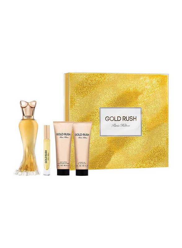 Paris Hilton 4-Piece Gold Rush Gift Set for Women, 100ml EDP, 6ml EDP Rollerball, 90ml Body Lotion, 90ml Shower Gel