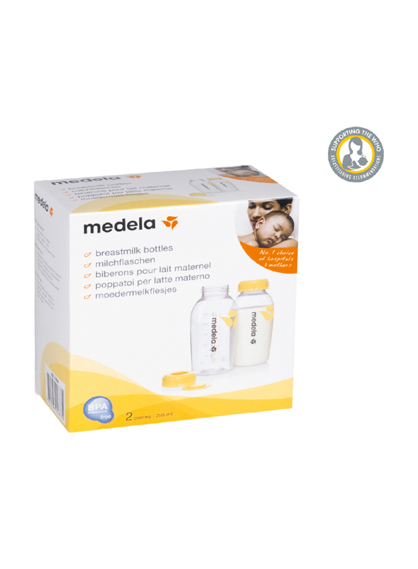 Medela Breastmilk Bottles with Slow Flow Teat, 2 Pieces, 250ml, Yellow/Clear