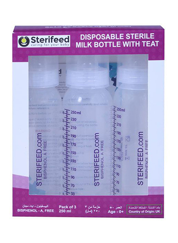 

Sterifeed Sterile Disposable Baby Feeding Bottles with Standard Teats, Above 0 Month, 3 x 250ml, Clear