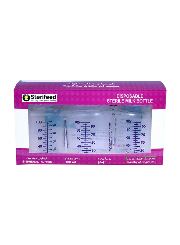 

Sterifeed Sterile Disposable Baby Feeding Bottles without Teats, Above 0 Month, 3 x 100ml, Clear