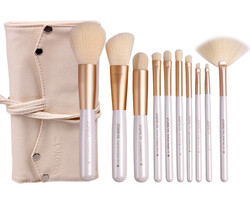 Zoreya Natural Hair Make-up Brushes Set, 10 Brushes + Bag, Beige