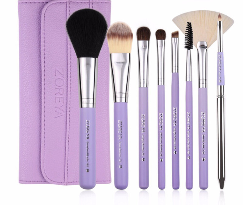 Zoreya Natural Hair Make-up Brushes Set, 8 Brushes + Bag, Purple