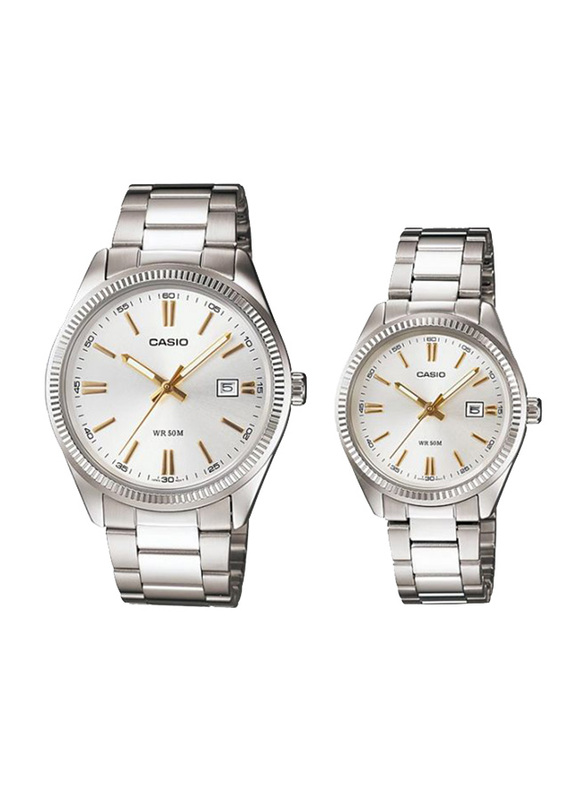 Casio Enticer Analog Quartz Couple Unisex Watch Set with Stainless Steel Band, Water Resistant, MTP/LTP-1302D-7A2V, Silver