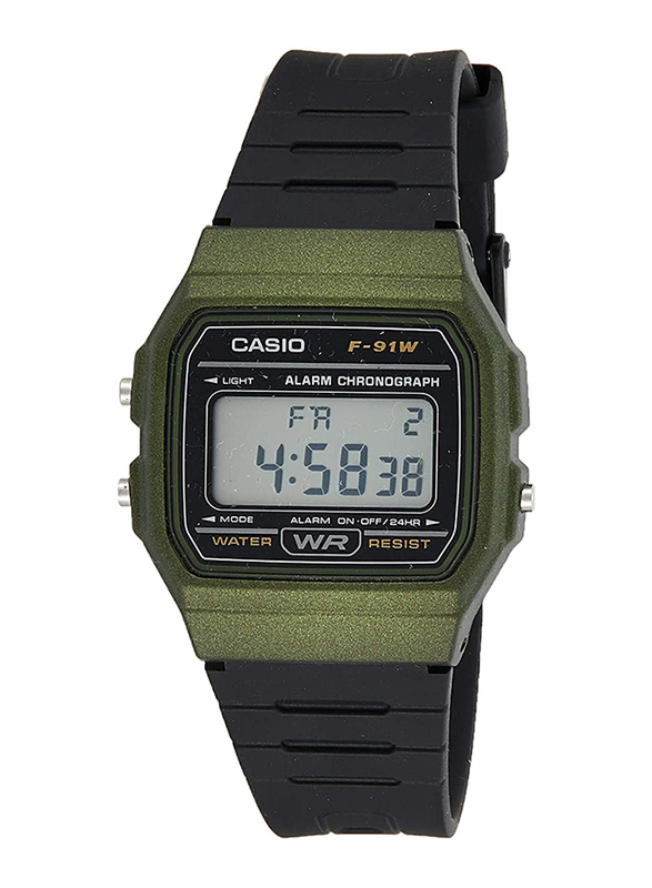 Casio Youth Digital Watch for Men with Resin Band, Water Resistant, F-91WM-3ADF, Black-Army Green