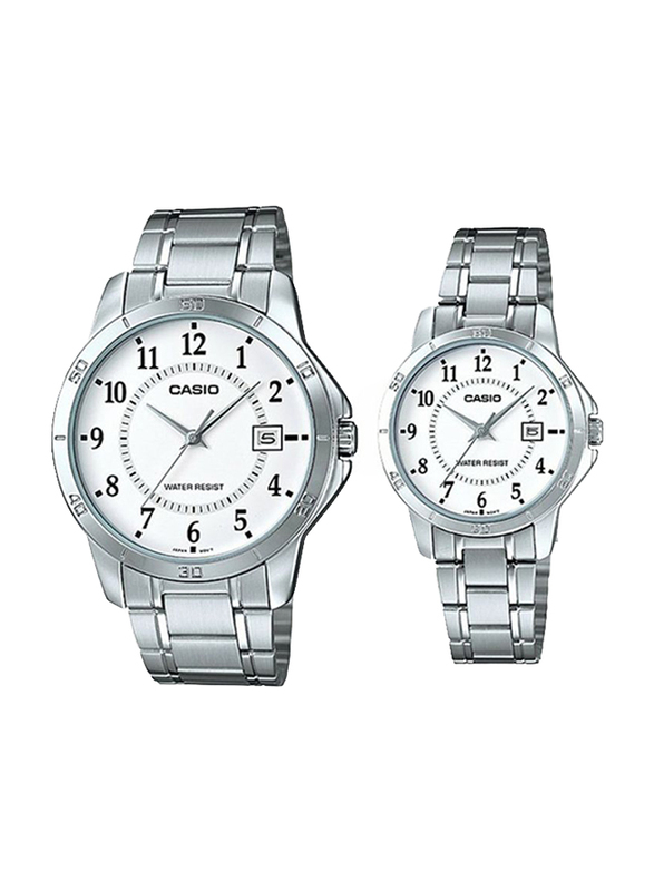 Casio Analog Quartz Couple Unisex Watch Set with Stainless Steel Band, Water Resistant, MTP/LTP-V004D-7B, Silver-White
