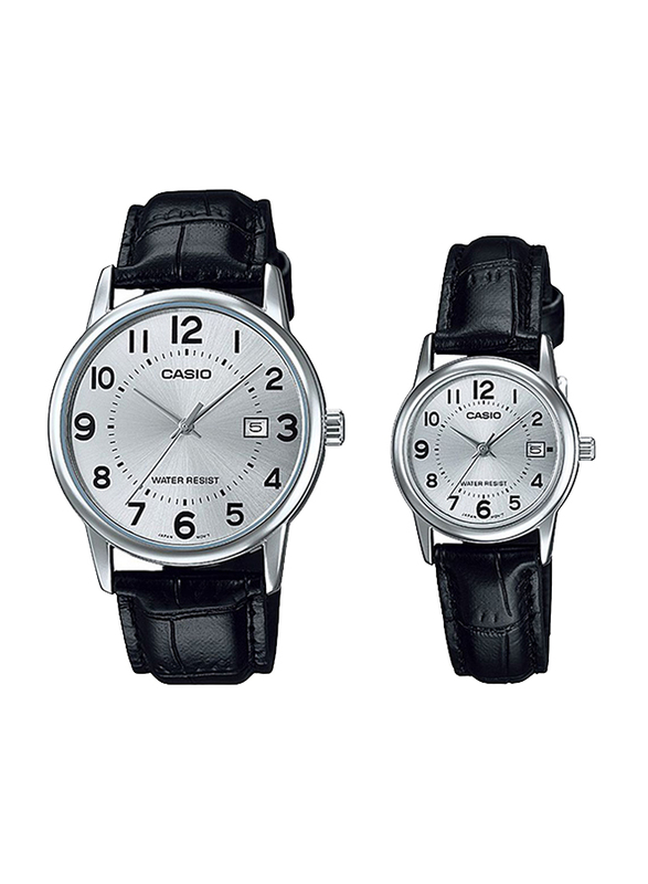 Casio Analog Quartz Couple Unisex Watch Set with Leather Band, Water Resistant, MTP/LTP-V002L-7BUDF, Black-Silver