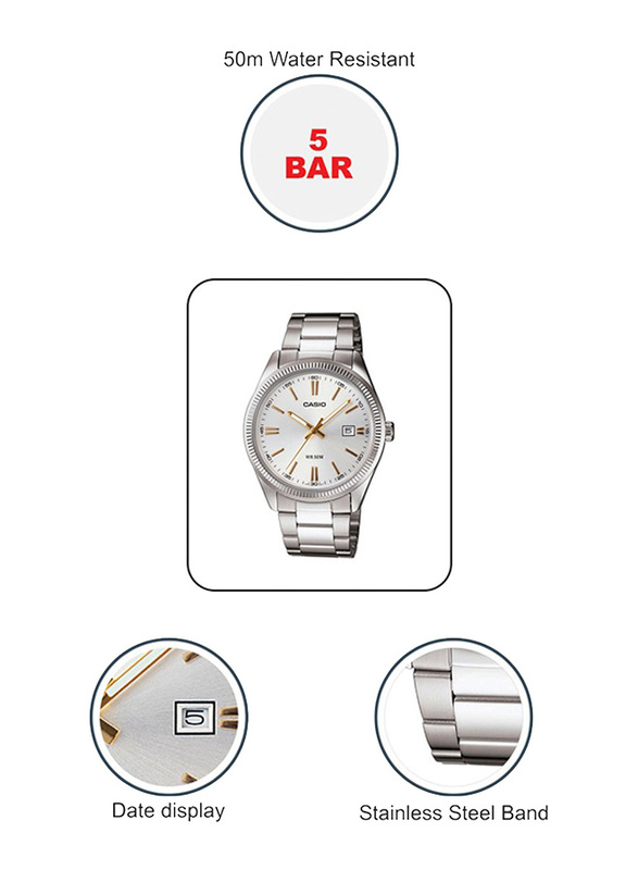Casio Enticer Analog Quartz Couple Unisex Watch Set with Stainless Steel Band, Water Resistant, MTP/LTP-1302D-7A2V, Silver
