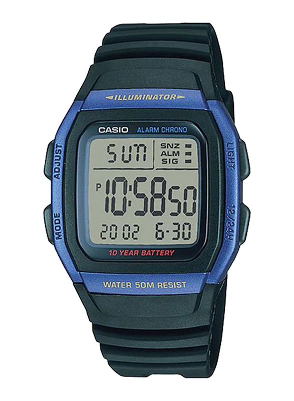 Casio Youth Digital Watch for Men with Resin Band, Water Resistant, W-96H-2A, Black-Blue/Grey