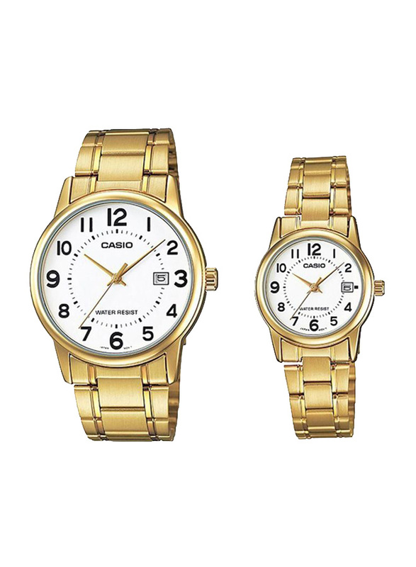 Casio Analog Quartz Couple Unisex Watch Set with Stainless Steel Band, Water Resistant, MTP/LTP-V002G-7BUDF, Gold-White