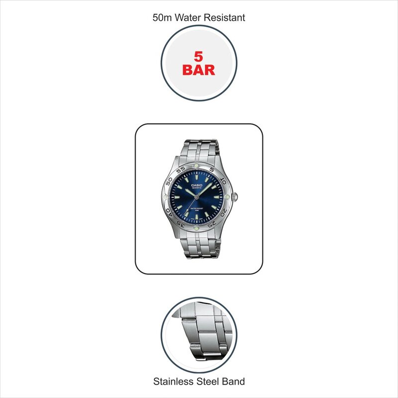 Casio Enticer Analog Quartz Watch for Men with Stainless Steel Band, Water Resistant, MTP-1243D-2AVDF, Silver-Blue