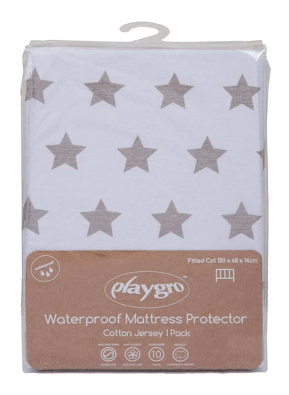 Playgro Home Fitted Cot Cotton Jersey Mattress Protector, Grey Stars