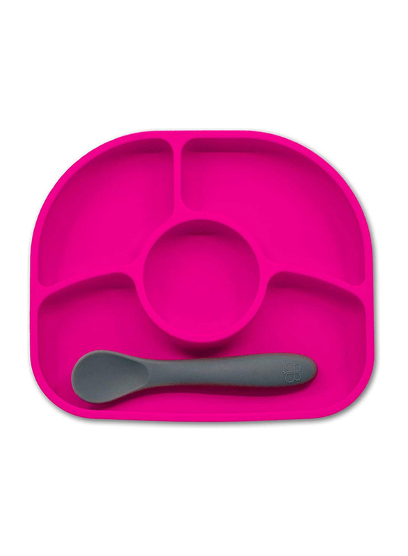 

BBLUV Yumi Non-Slip Silicone Divided Plate & Spoon Fuchsia, 4 Pieces, Pink/Grey