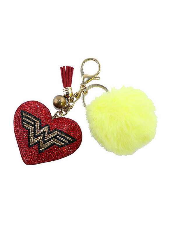 

Warner Bros DC Comics Wonder Women Elegant Heart Shaped Crystal Embellished Pompom Key Ring Chain For Girls, Multicolor