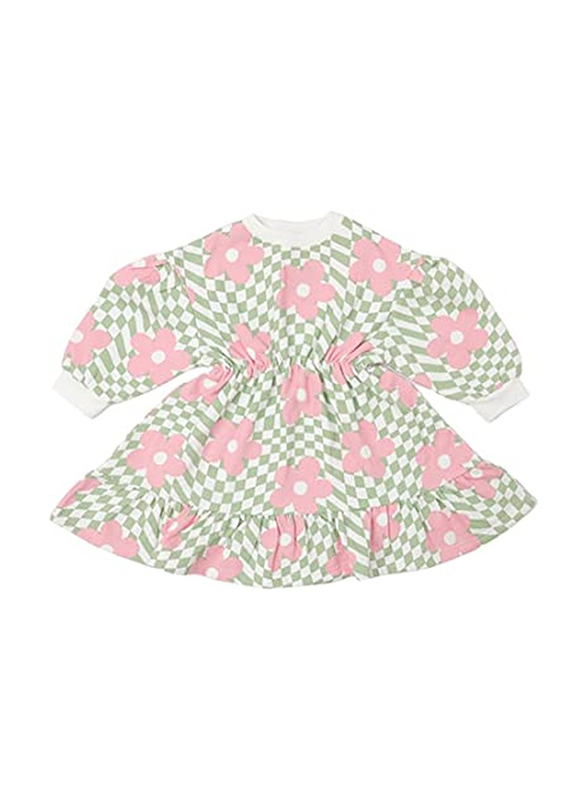 

Aiko Cotton Floral & Checks Pattern Long Sleeve Sweat Dress for Girls, 6-7 Years, Green/Pink/White