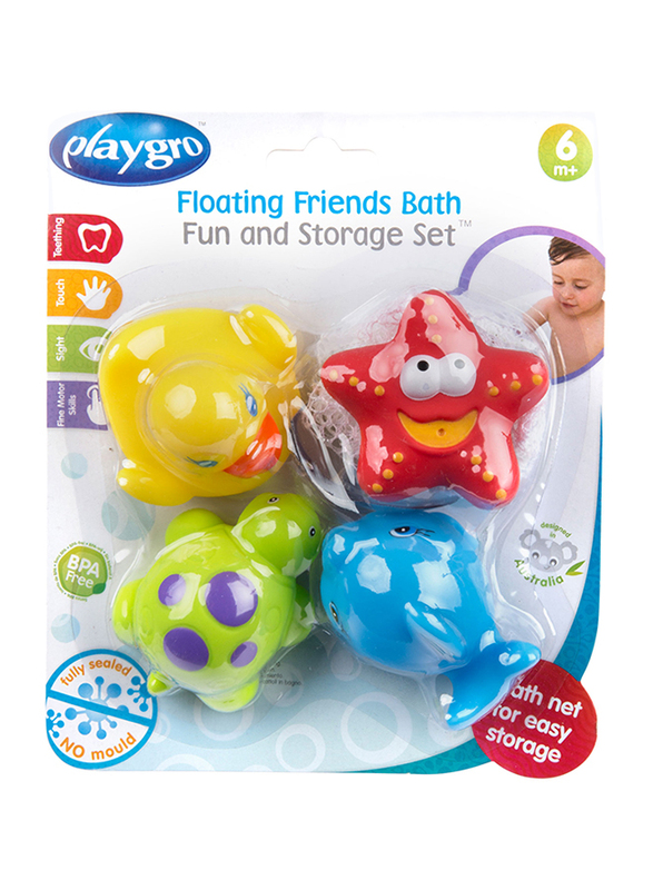 Playgro Bath Squirtees and Storage Set for Kids, Blue/Yellow/Green/Red