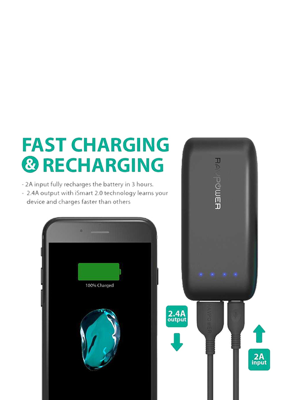 RAVPower 6700mAh Power Bank with iSmart 2.0 Technology, Black