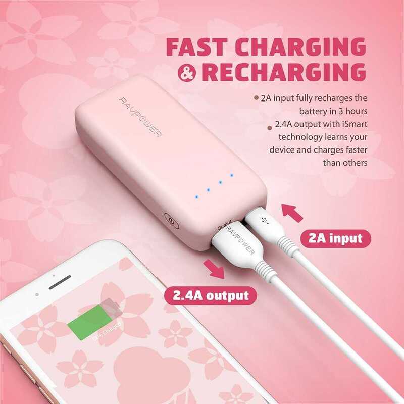 RAVPower 6700mAh Power Bank with iSmart 2.0 Technology, Pink