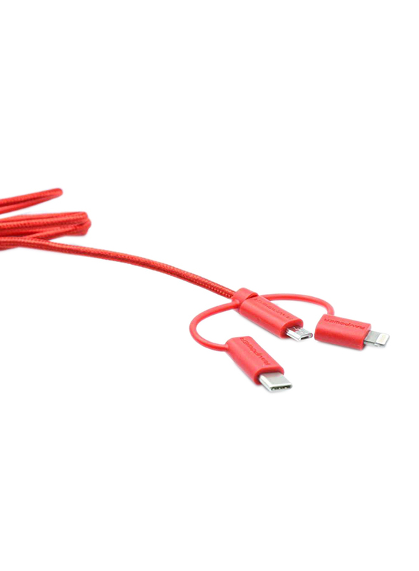Rav Power 3-Feet 3-in-1 Data Multiple Types Cable, USB Type-A Male to Lightning/USB Type-C/Micro USB for Smartphones/Tablets, Red