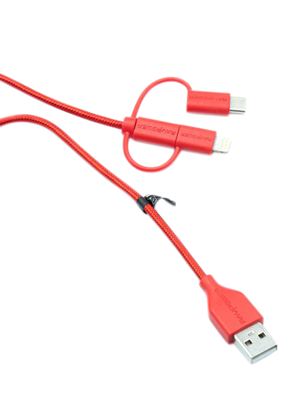 Rav Power 3-Feet 3-in-1 Data Multiple Types Cable, USB Type-A Male to Lightning/USB Type-C/Micro USB for Smartphones/Tablets, Red