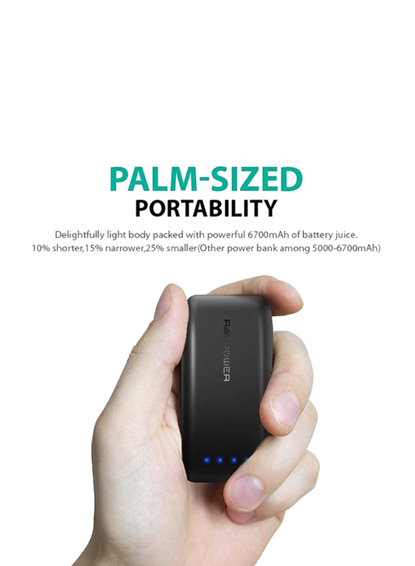 RAVPower 6700mAh Power Bank with iSmart 2.0 Technology, Black