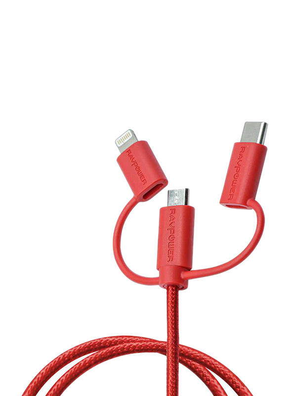 Rav Power 3-Feet 3-in-1 Data Multiple Types Cable, USB Type-A Male to Lightning/USB Type-C/Micro USB for Smartphones/Tablets, Red