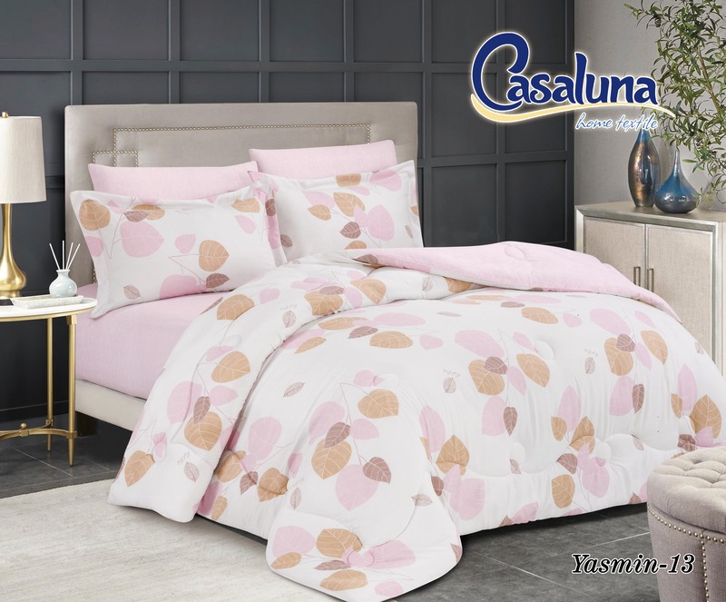 Casaluna 6-Piece Printed Duvet Cover Set, 1 Duvet Cover + 1 Fitted Sheet + 2 Pillow Case + 2 Pillow Sham, Yasmin-13, White/Pink, Double