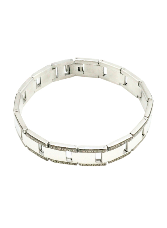 Florence Collection Stainless Steel Bracelet for Men with Fold Over Clasp & Black Embroidery, Silver