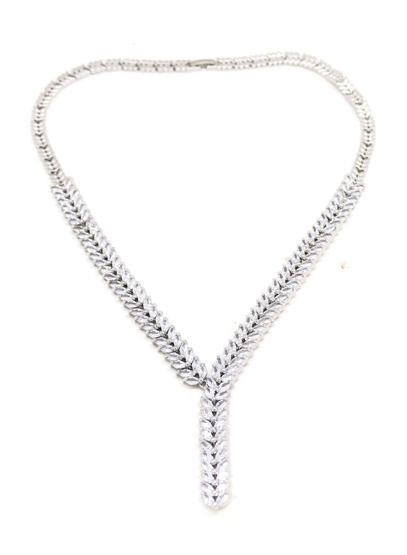 Florence Collection 2-Piece Silver Plated Frosty Winter Leaf Necklace and Earrings Jewellery Set for Women, with Cubic Zirconia Stone, White/Silver