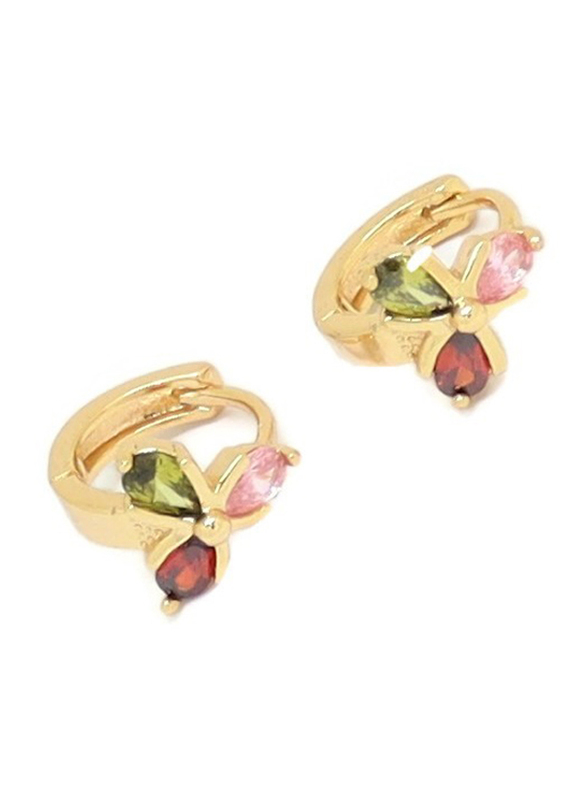 Florence Collection Gold Plated Copper Three Petal Flower Huggie Clip Earrings, with Multi Stones, Green/Red/Pink/Gold