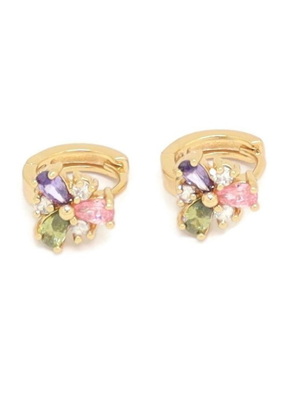 Florence Collection Gold Plated Copper Flower Shape Crystal Huggie Clip Earrings for Women, with Multi Stones, Pink/Purple/Green/Gold