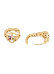 Florence Collection Gold Plated Copper Six Petal Flower Huggie Clip Earrings for Women, with Multi Stones, Green/Pink/Purple/Red/Gold