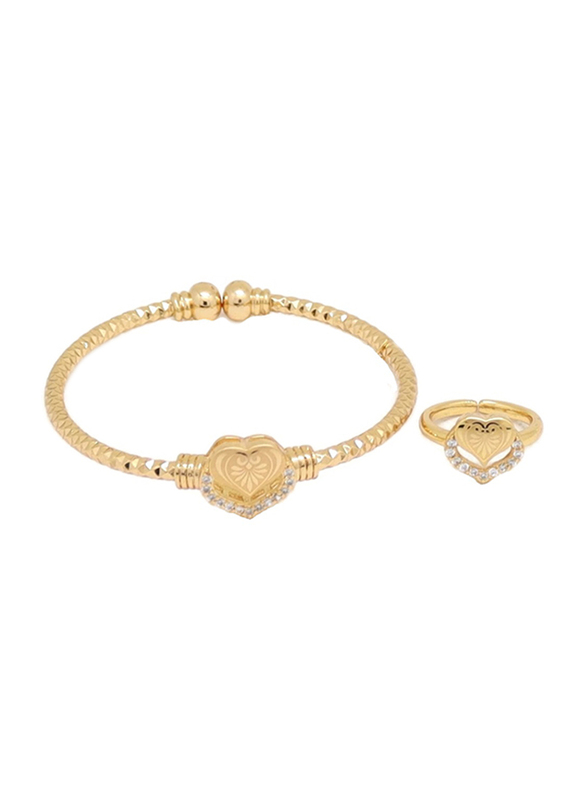 Florence Collection 2-Pieces Gold Plated Copper Love Heart Cuff Bracelet & Ring Jewellery Set for Girls, with Cubic Zirconia Stone, Gold/White