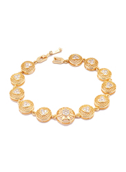 Florence Collection 18K Gold Link Bracelet for Women with Heart Embossing's Cubic White Stone Fillings and Netted Geometric Design, Gold