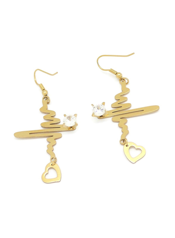 Florence Collection 2-Pieces Gold Plated Copper Lifeline Pulse Heartbeat Necklace and Earrings Jewelry Set for Women, with Diamond, White/Gold