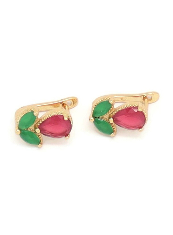 Florence Collection Gold Plated Copper English Lock Earrings for Women, with Ruby and Emerald Stone, Red/Green/Gold