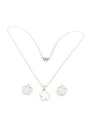 Florence Collection 2-Piece Silver Plated Daisy Flower Necklace and Earrings Jewellery Set for Women, with Emerald Stone, White/Silver