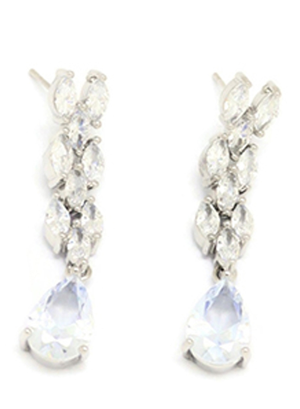 Florence Collection 2-Piece Silver Plated Frosty Leaf Drop Crystal Necklace and Earrings Jewellery Set for Women, with Cubic Zirconia Stone, White/Silver