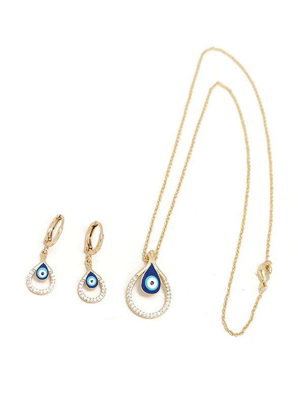 Florence Collection 2-Piece Gold Plated Teardrop Evil-Eye Protection Necklace and Earrings Jewellery Set for Women, with Cubic Zirconia Stone, Blue/Gold