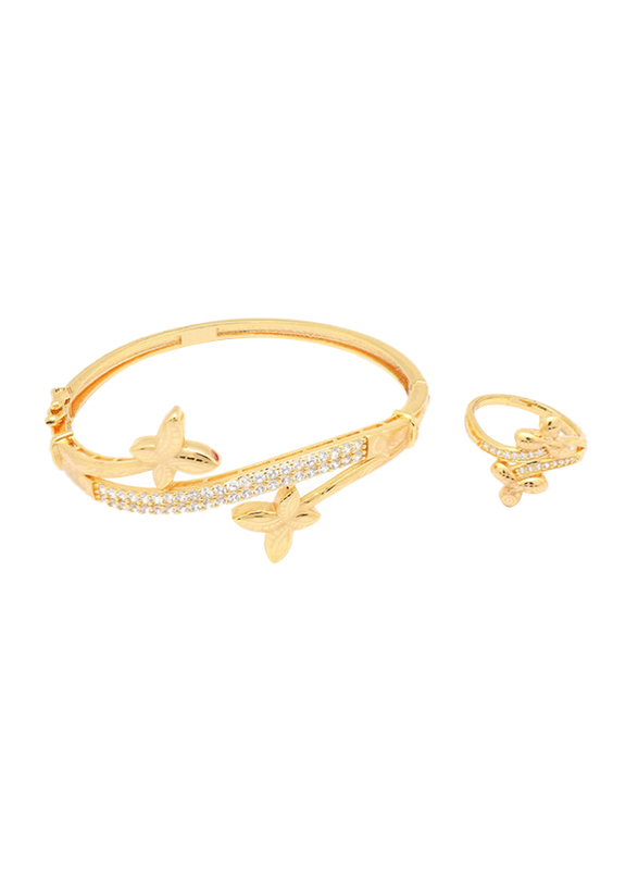 Florence Collection 2-Piece 18K Gold Bracelet and Ring Set for Women with Sparkly White Cubic Stones and Leaf Design, Gold