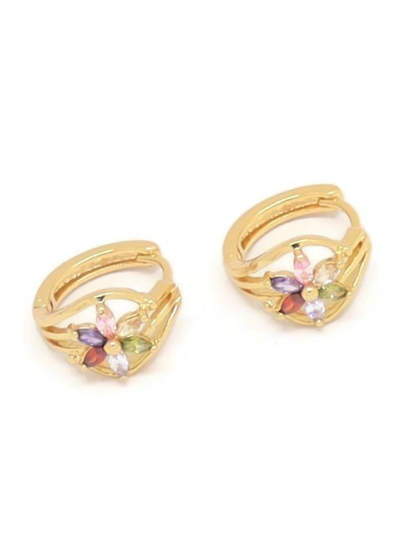 Florence Collection Gold Plated Copper Six Petal Flower Huggie Clip Earrings for Women, with Multi Stones, Green/Pink/Purple/Red/Gold