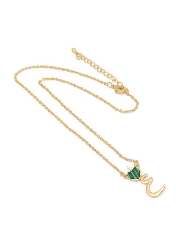 Florence Collection Gold Plated Copper Necklace for Women, with Heart and Arabic Letter E Pendant, Green/Gold