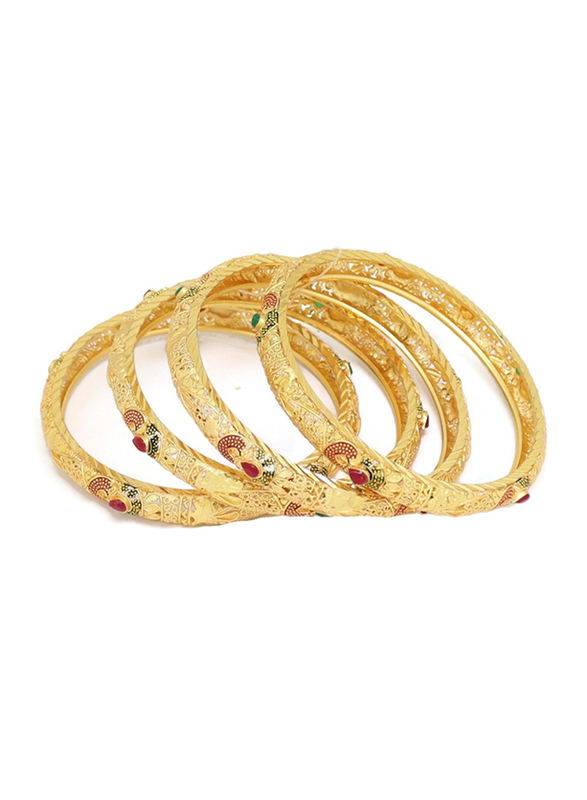Florence Collection 4-Pieces Gold Plated Copper Infinity Teardrop Bangle Bracelet for Women, with Emerald, Ruby Crystals Stone, Red/Gold