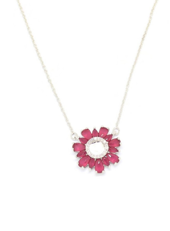 Florence Collection 2-Pieces Silver Plated Copper Daisy Flower Necklace and Earrings Jewelry Set for Women, with Diamond, Pink/Silver