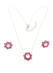 Florence Collection 2-Pieces Silver Plated Copper Daisy Flower Necklace and Earrings Jewelry Set for Women, with Diamond, Pink/Silver