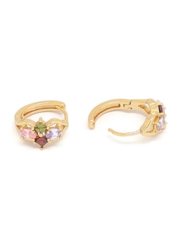 Florence Collection Gold Plated Copper Oval & Diamond Shape Huggie Clip Earrings, with Multi Stones, Green/Pink/Red/Gold