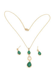 Florence Collection 2-Piece Gold Plated Emerald Trio Teardrop Necklace and Earrings Jewellery Set for Women, with Cubic Zirconia Stone, Green/Gold